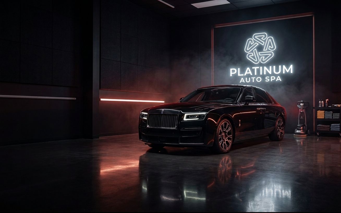 Black luxury car in the Platinum Auto Spa detailing studio