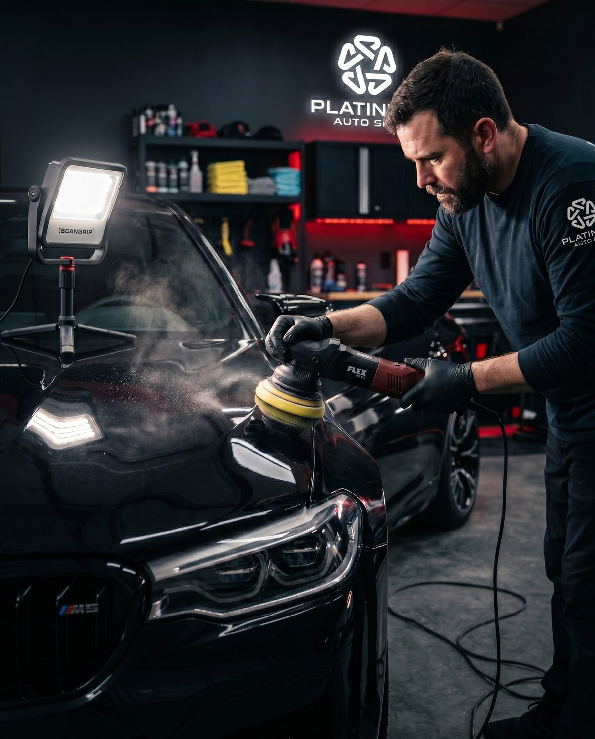 Platinum Auto Spa technician machine-polishing a luxury car