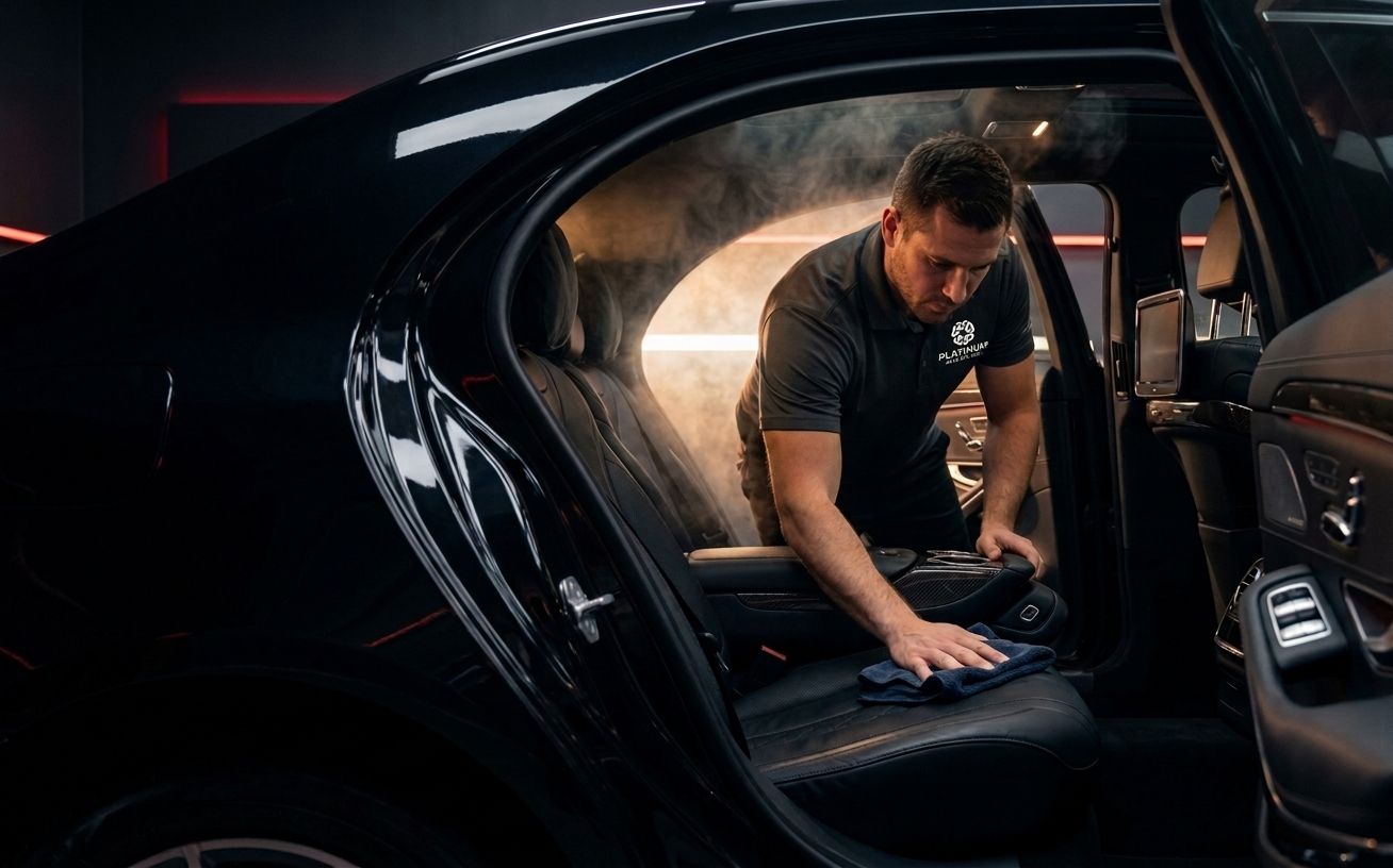 Detailer steam-cleaning a luxury car interior at Platinum Auto Spa