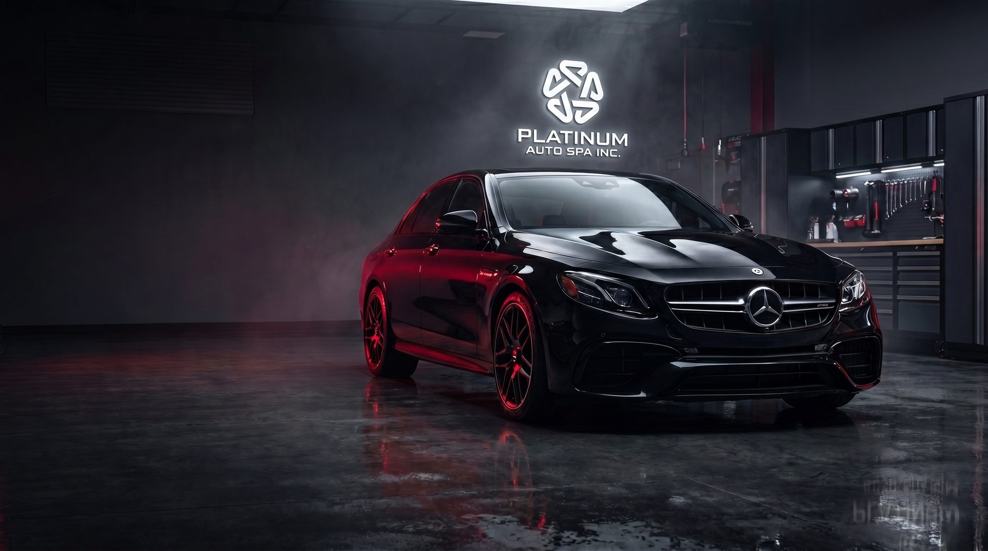 Black luxury car in Platinum Auto Spa detailing studio