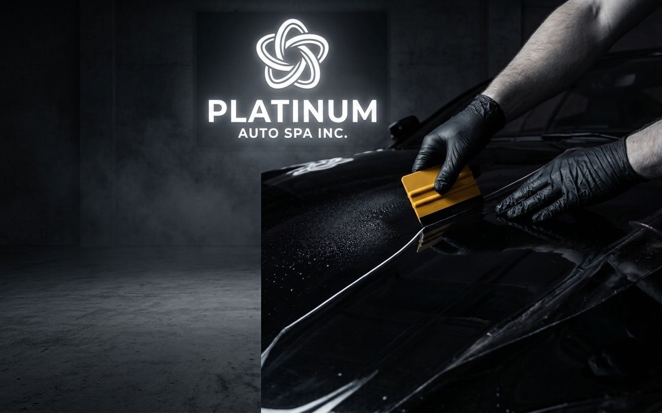 Clear paint protection film being applied to a luxury car at Platinum Auto Spa