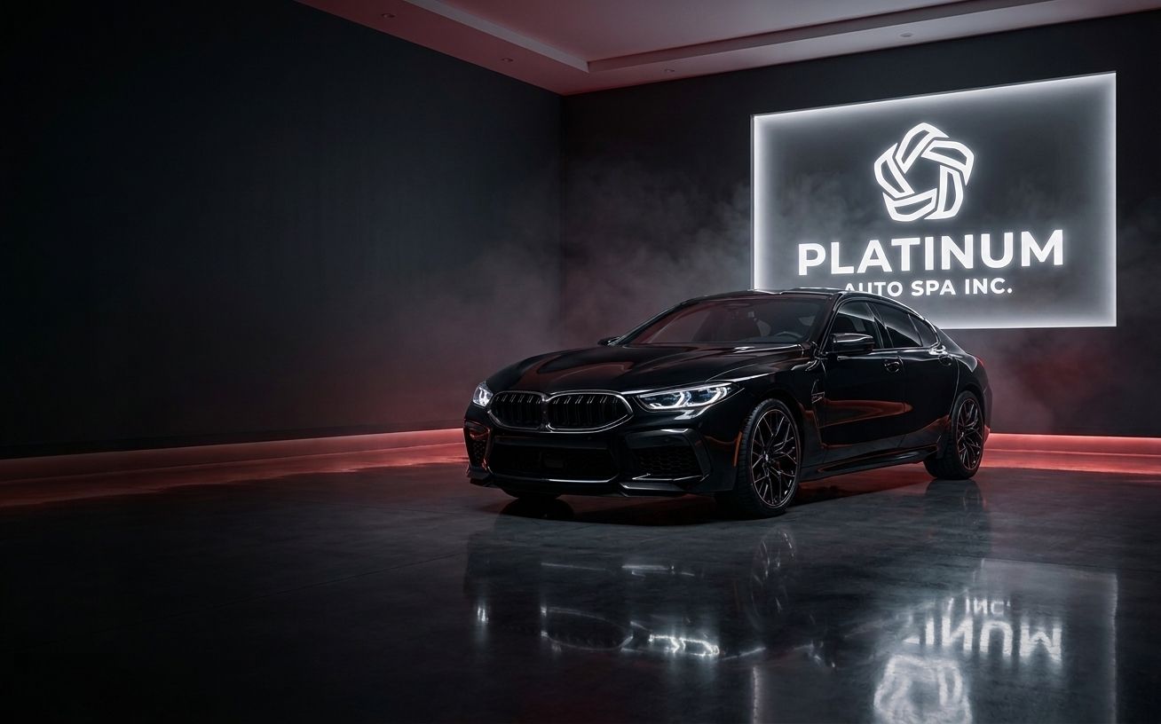 Black luxury car in the Platinum Auto Spa studio with the branded wall sign