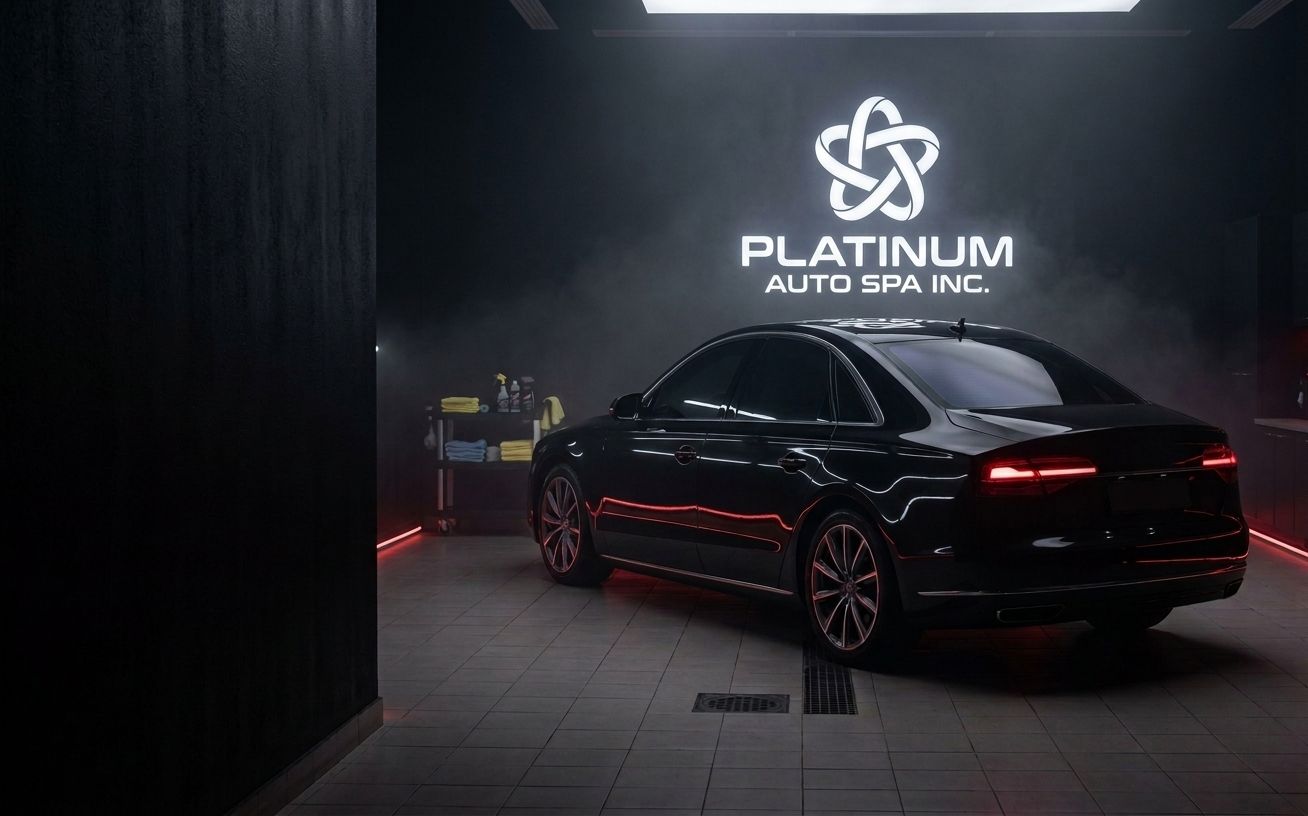 Black luxury sedan with ceramic window tint at Platinum Auto Spa